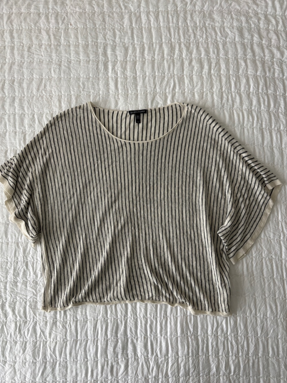 Eileen Fisher Cream and Black Striped Short Sleeve Tee